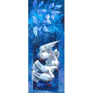 Iqbal Durrani, Blue Dreams, 18 x 48 Inch, Oil on Canvas, Pigeon Painting, AC-IQD-247
